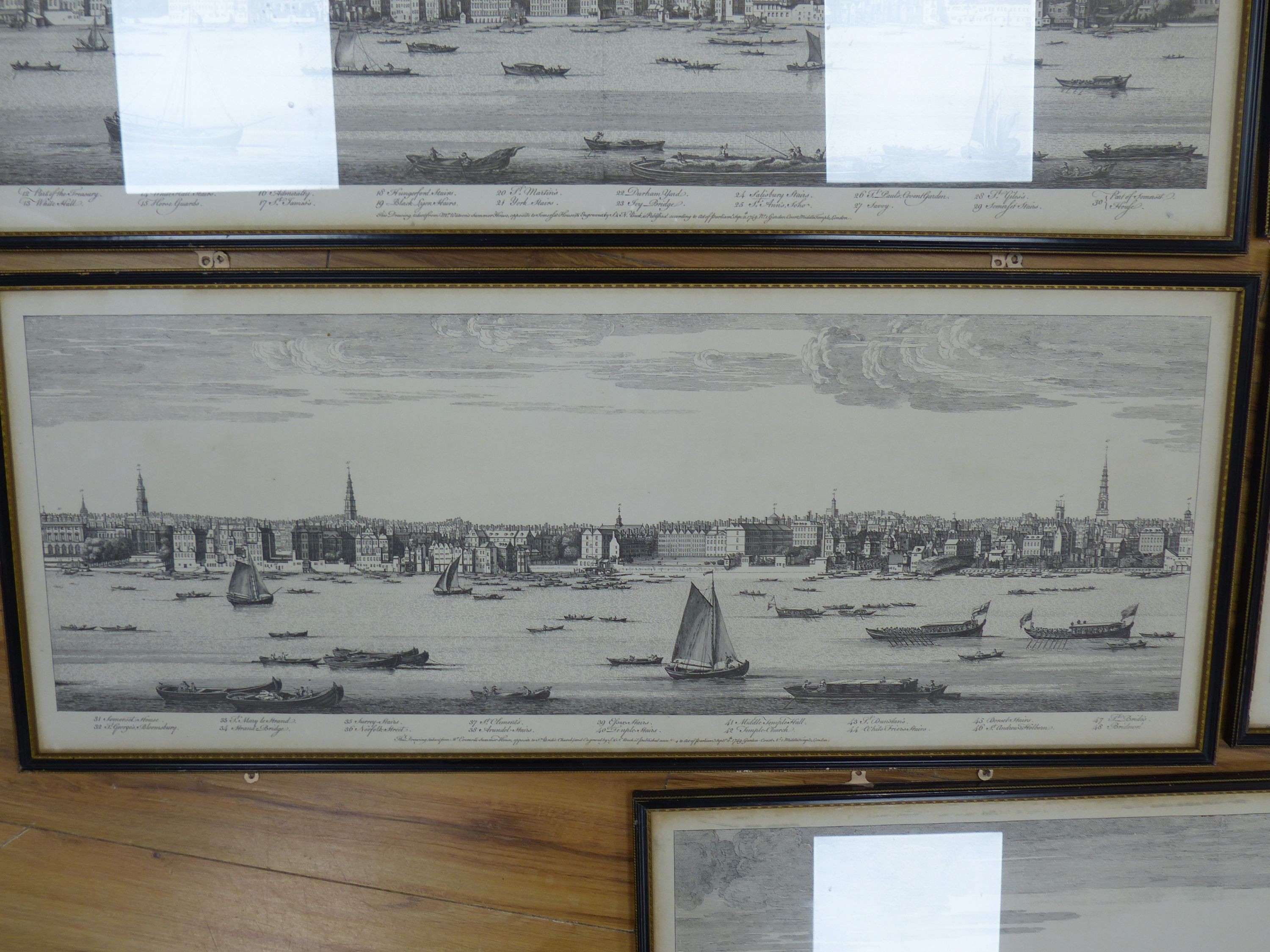 After S and N Buck, set of five reprints, Views along the River Thames in 1749, 32 x 82cm